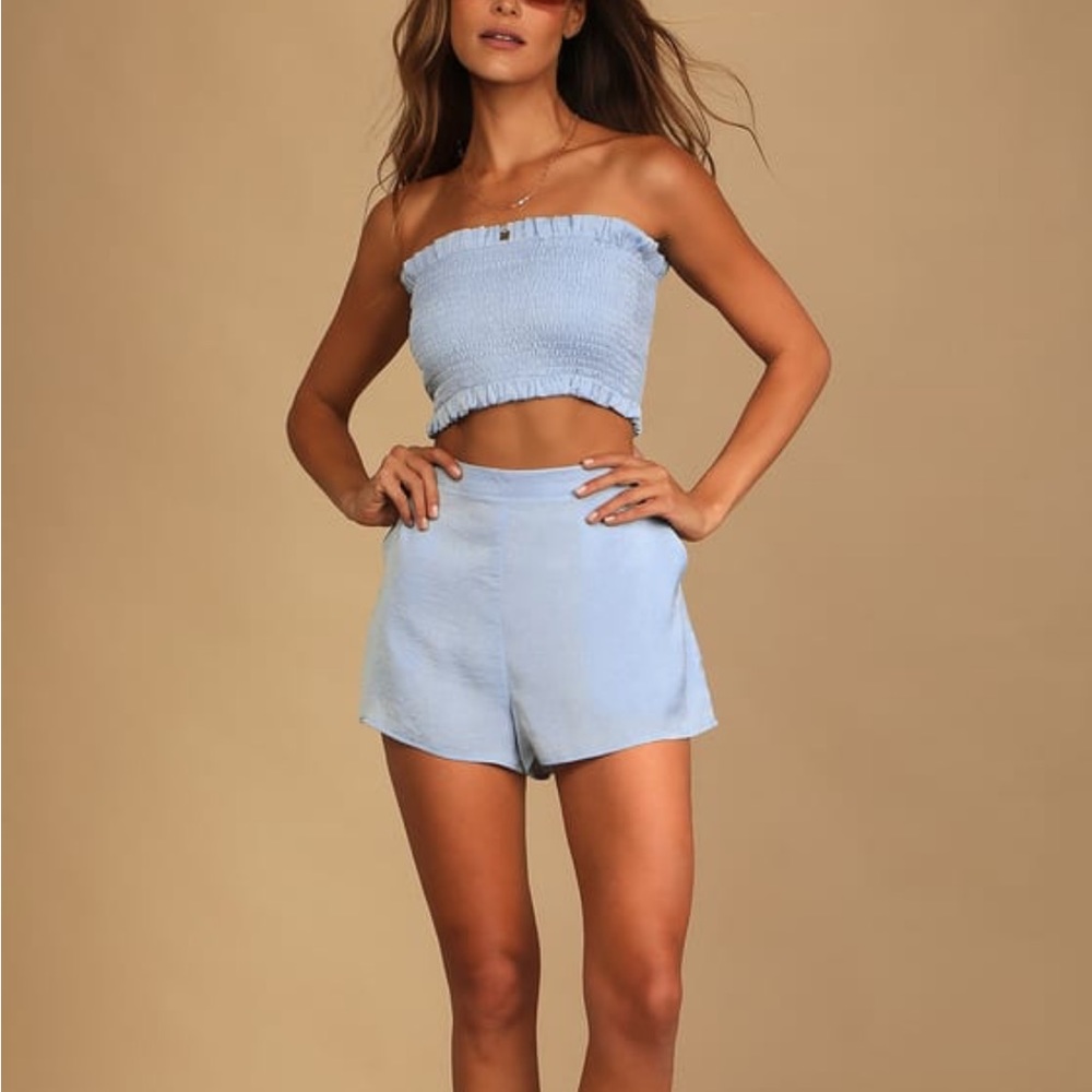 Lulus Extra Love Dusty Blue Satin Smocked Tube Top & Satin High Waisted Shorts